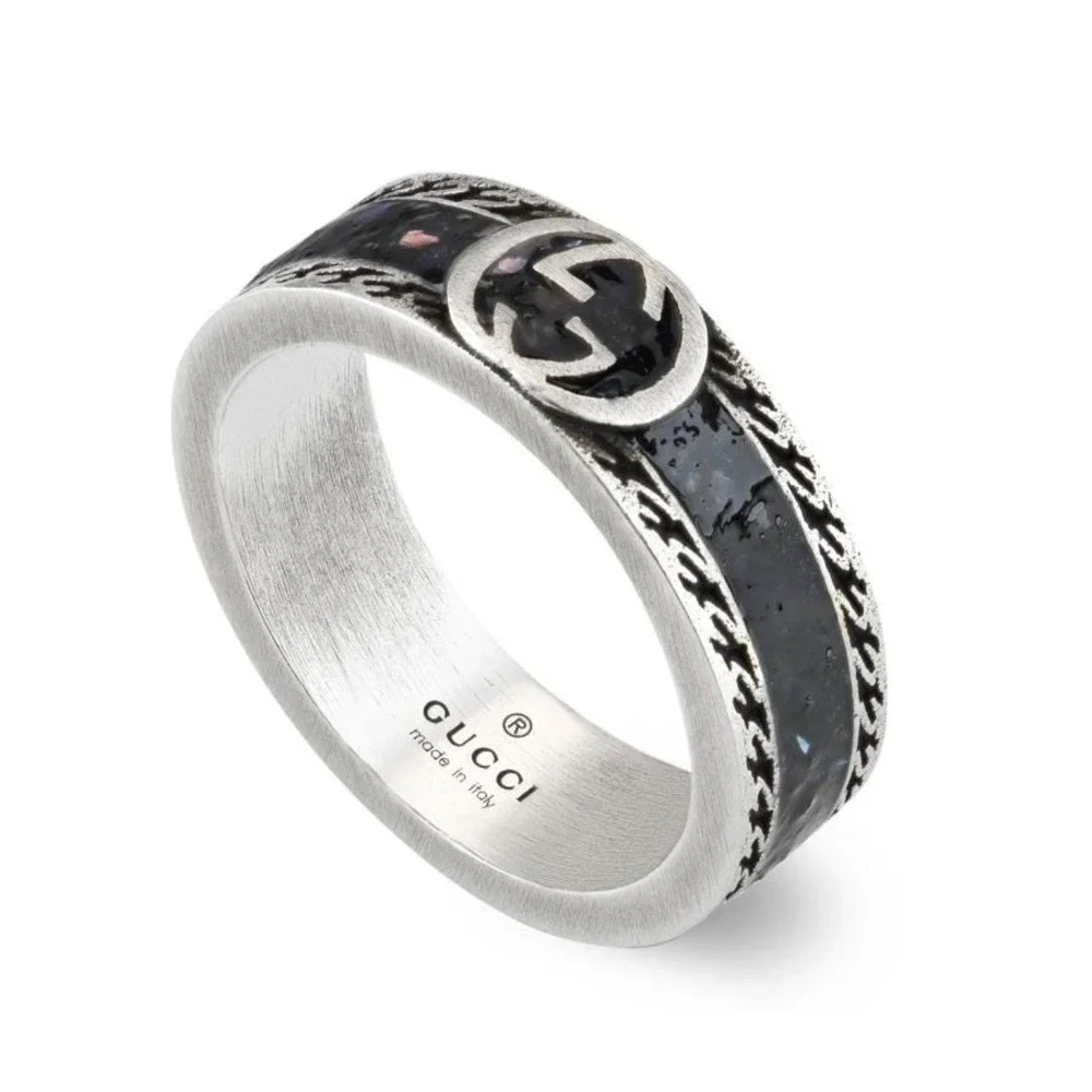 Gucci 745573 Interlocking GG Black Resin Sterling Silver Ring Size 19 US 8 3/4